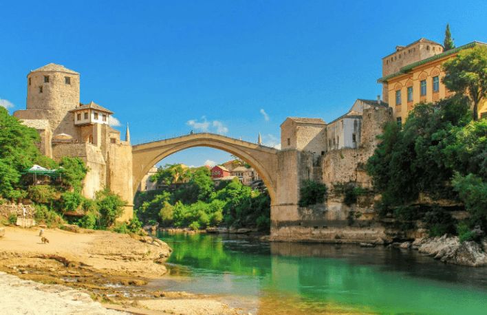 Mostar Old Bridge: iconic stone arch over turquoise waters.